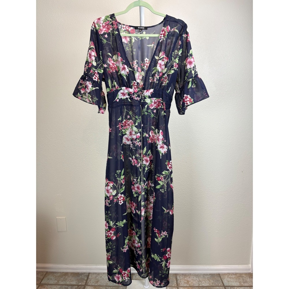Ups & Downs Navy Floral Sheer Maxi Duster Dress Flutter Sleeves Medium Cottage